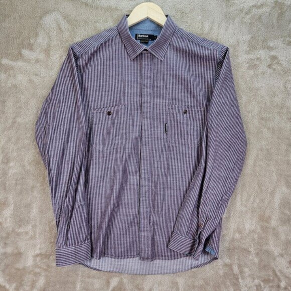 Barbour Shirt Long Sleeve Button-Up Purple Stripe Cotton Casual Classic Size L - Picture 2 of 10